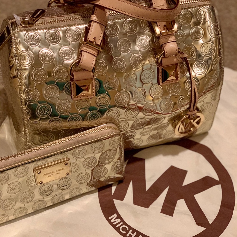 AUTH Gold Michael Kors Grayson Satchel & Wallet